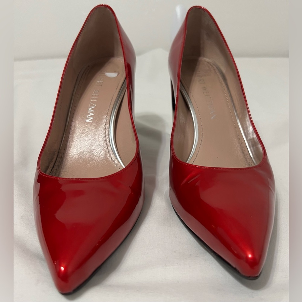 Stuart Weitzman Red Patent Pumps Lucite Block Heel Pointed Toe Christmas